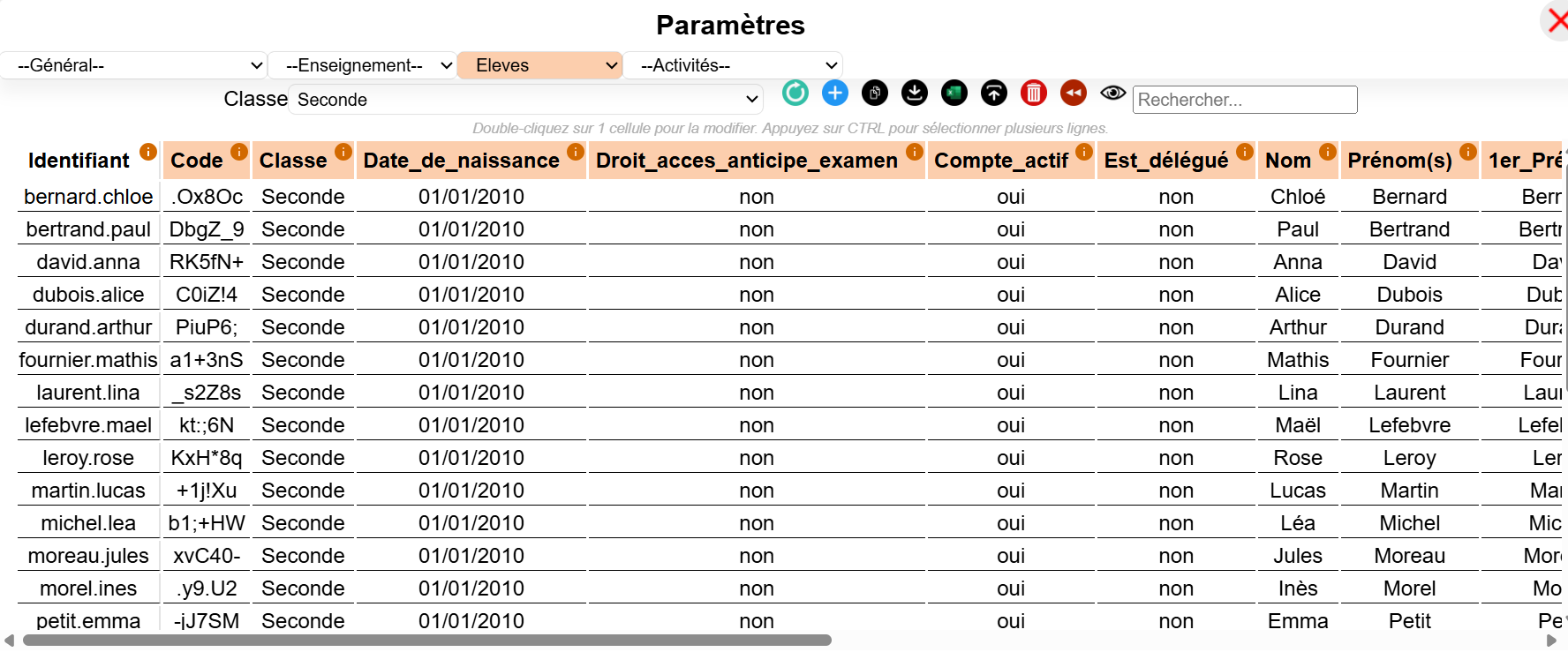 Liste des élèves importés