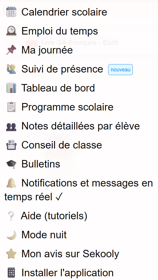 Menu en haut à gauche