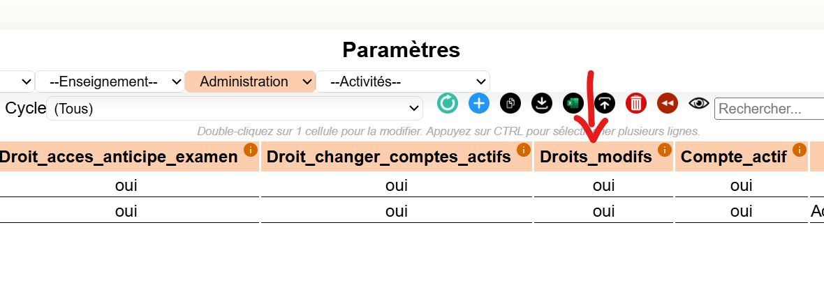 Paramètres > Administrateur avec les droits