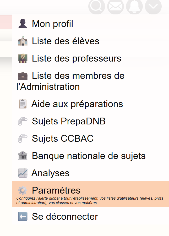 Menu Paramètres