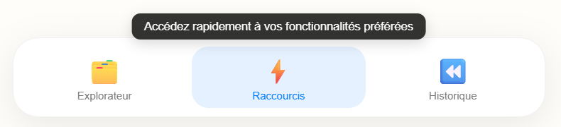 Bouton Raccourcis en bas de l'écran